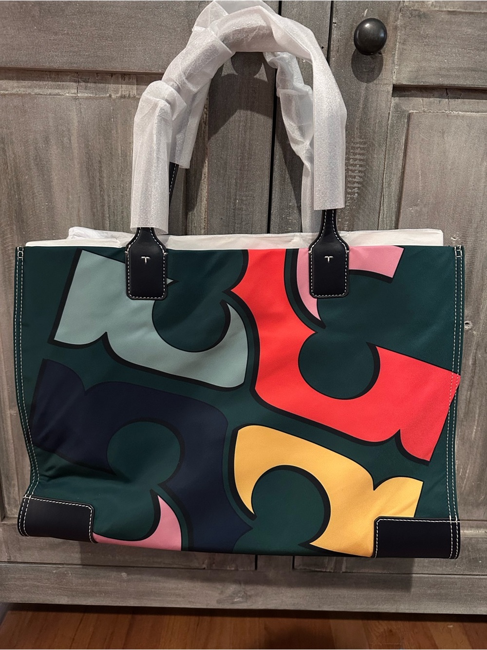 Tory Burch Multicolor Abstract Logo Tote - Green, Red, Yellow, Navy, Pink